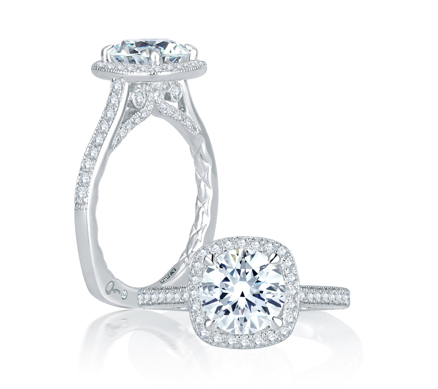 Intricate Channel Set with Milgrain Detail Cushion Halo Quilted Engagement Ring
