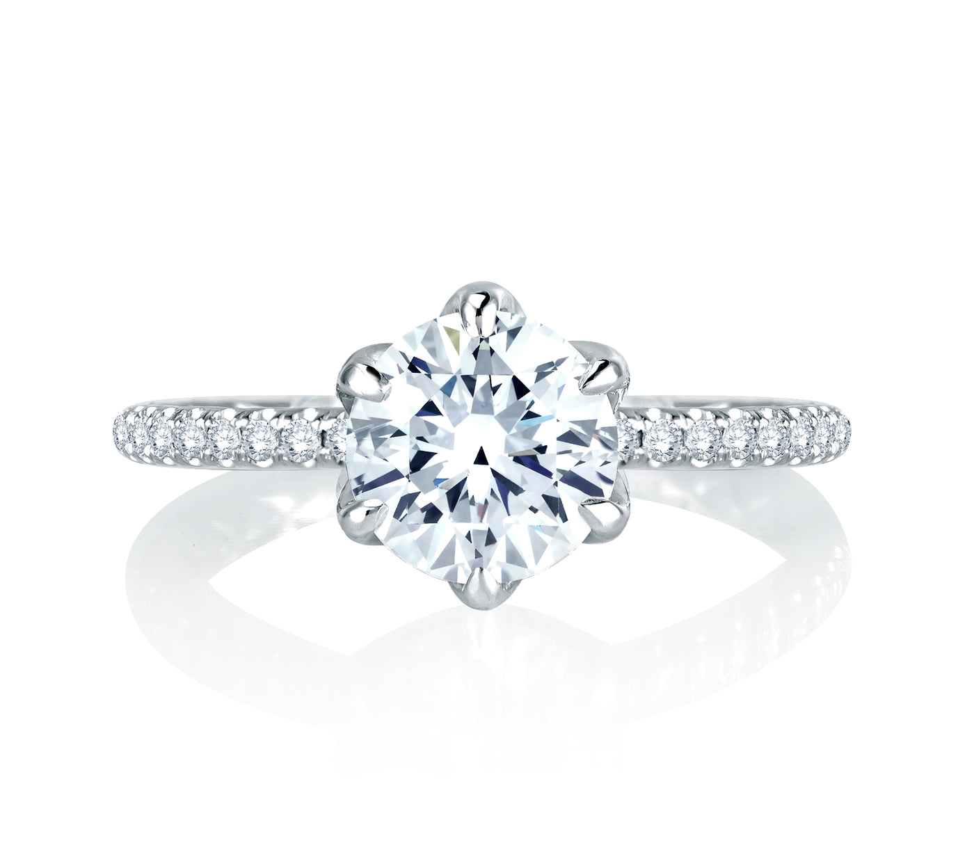Floral Inspired Six Prong Halo Round Diamond Quilted Engagement Ring