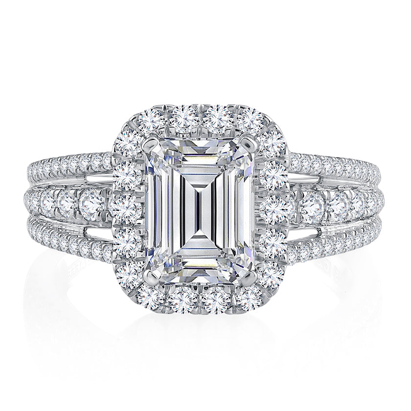 Triple Split Shank Halo Emerald Cut Diamond Engagement Ring