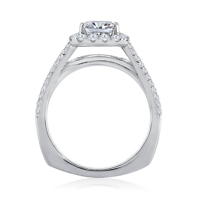 Triple Split Shank Halo Emerald Cut Diamond Engagement Ring