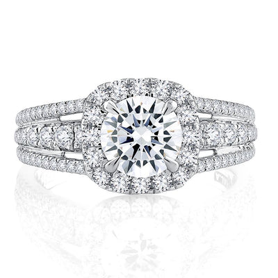 Triple Split Shank Halo Round Cut Diamond Engagement Ring